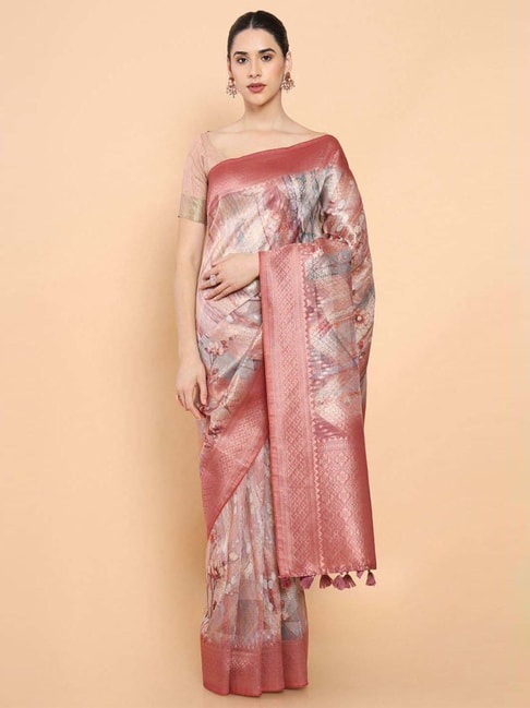 Soch Grey & Maroon Cotton Floral Print Saree With Unstitched Blouse Price in India