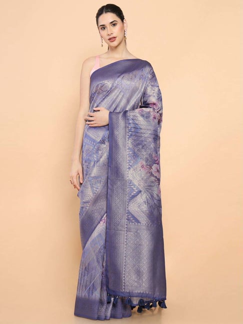 Soch Blue Cotton Floral Print Saree With Unstitched Blouse Price in India