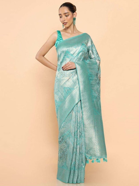 Soch Turquoise Cotton Printed Saree With Unstitched Blouse Price in India