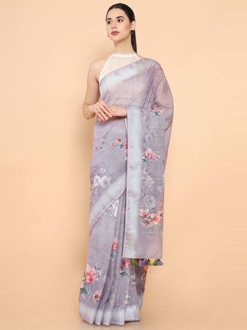 Soch Purple Linen Floral Print Saree With Unstitched Blouse Price in India