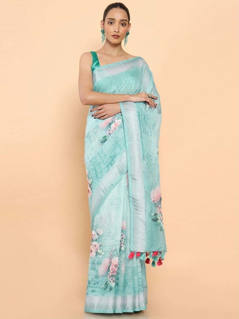 Soch Green Linen Floral Print Saree With Unstitched Blouse Price in India