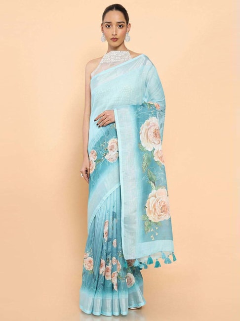 Soch Turquoise Linen Floral Print Saree With Unstitched Blouse Price in India