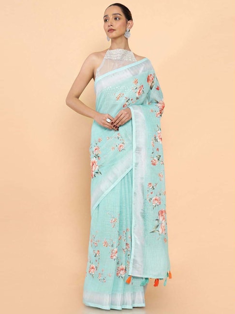 Soch Turquoise Linen Floral Print Saree With Unstitched Blouse Price in India