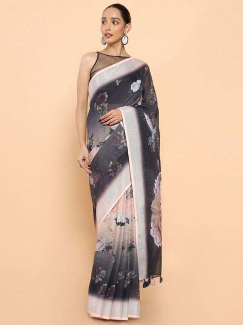 Soch Black Linen Floral Print Saree With Unstitched Blouse Price in India