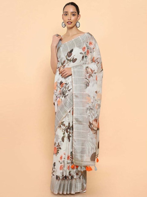 Soch Grey Linen Floral Print Saree With Unstitched Blouse Price in India
