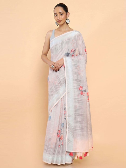 Soch Pink Linen Floral Print Saree With Unstitched Blouse Price in India