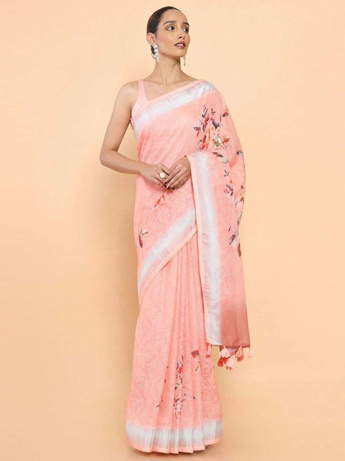 Soch Pink Linen Floral Print Saree With Unstitched Blouse Price in India