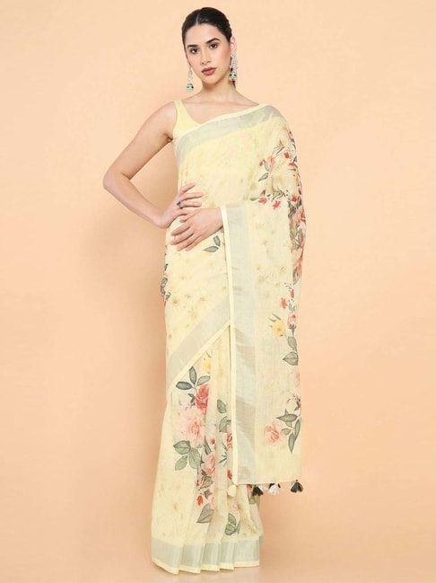 Soch Yellow Linen Floral Print Saree With Unstitched Blouse Price in India