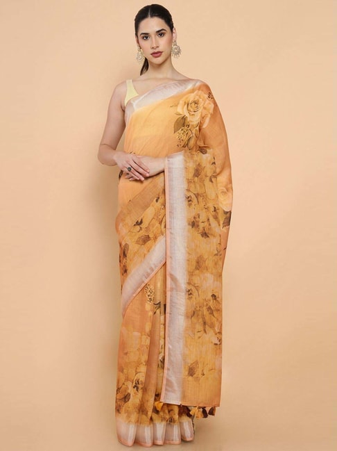Soch Mustard Linen Floral Print Saree With Unstitched Blouse Price in India