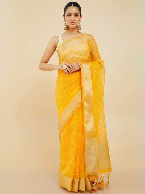 Soch Mustard Embellished Saree With Unstitched Blouse Price in India