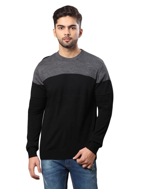 Raymond Black Grey Regular Fit Colour Block Sweater