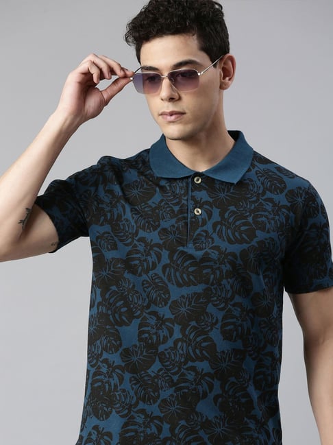 Buy Kryptic Navy Regular Fit Printed Polo T-Shirt for Men Online