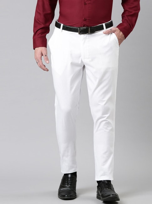 Men White Solid Smart Auto Fit Waist Formal Trouser – dennisonfashionindia