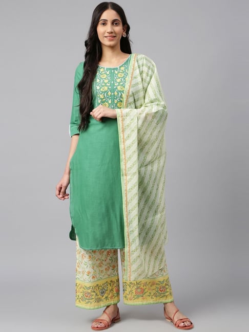 Aurelia Green & Off-White Embroidered Kurta Palazzo Set With Dupatta