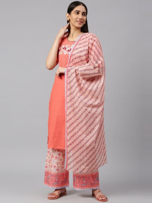 Aurelia Orange & Peach Embroidered Kurta Palazzo Set With Dupatta