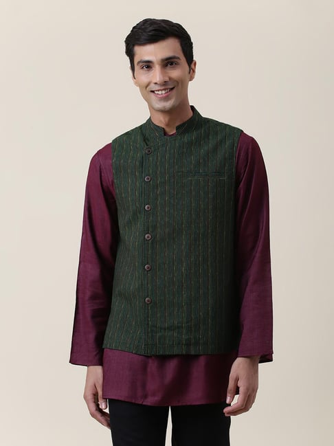 Fabindia Green Regular Fit Striped Nehru Jacket-picture-45