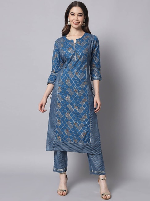 Myshka Blue Cotton Printed Kurta Pant Set Price in India