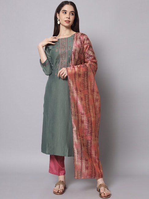 Myshka Grey & Pink Embroidered Kurta Pant Set With Dupatta Price in India
