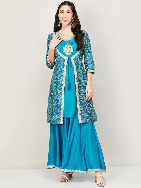 Buy Baby Pink And Peacock Blue Jacket Kurti With Resham And Patch Work  Online  Kalki Fashion