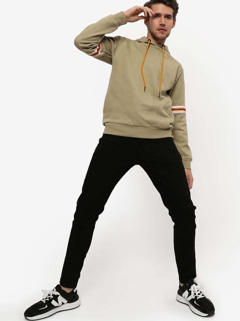 Campus Sutra Beige Cotton Regular Fit Striped Hooded Sweatshirt-picture-44