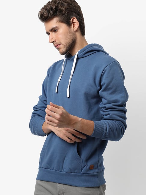 Campus Sutra Blue Cotton Regular Fit Hooded Sweatshirt