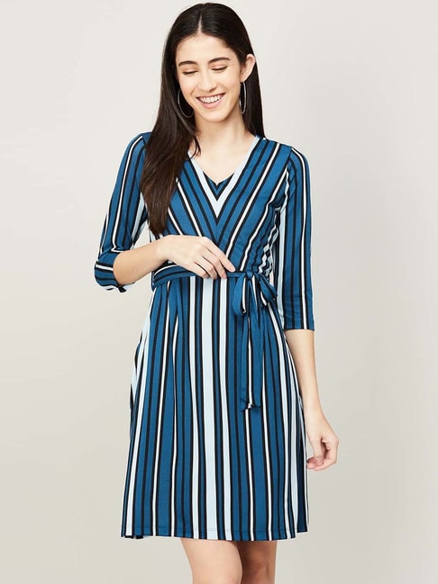 Code by Lifestyle Blue Striped A-Line Dress Price in India