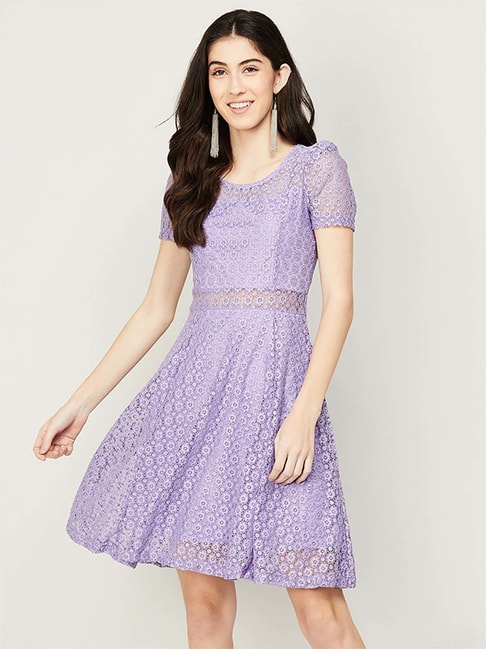 Code by Lifestyle Purple Cotton Self Pattern A-Line Dress Price in India