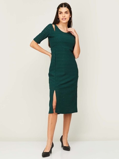 Code by Lifestyle Green Self Pattern A-Line Dress Price in India