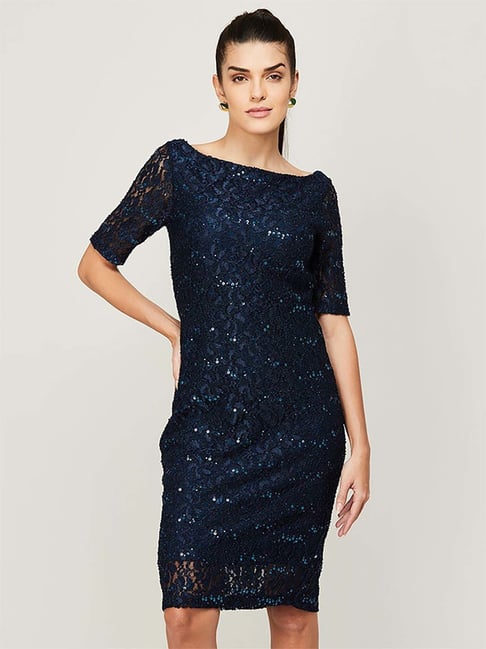 Code by Lifestyle Teal Blue Embellished Shift Dress Price in India