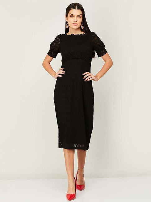 Code by Lifestyle Black Self Pattern A-Line Dress Price in India