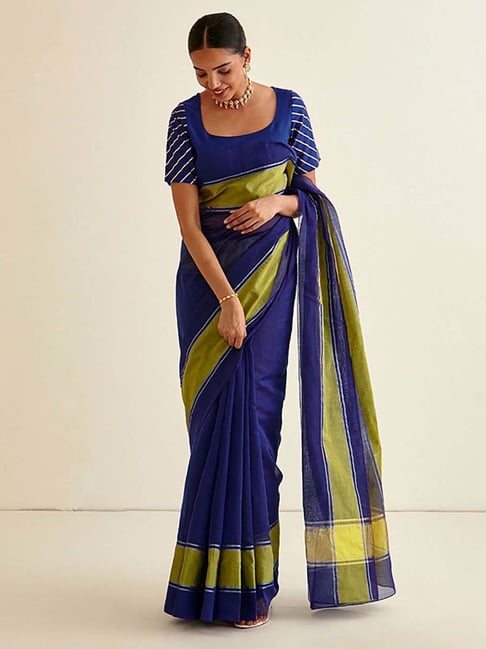 Abhishti Blue Woven Saree With Unstiched Blouse Price in India