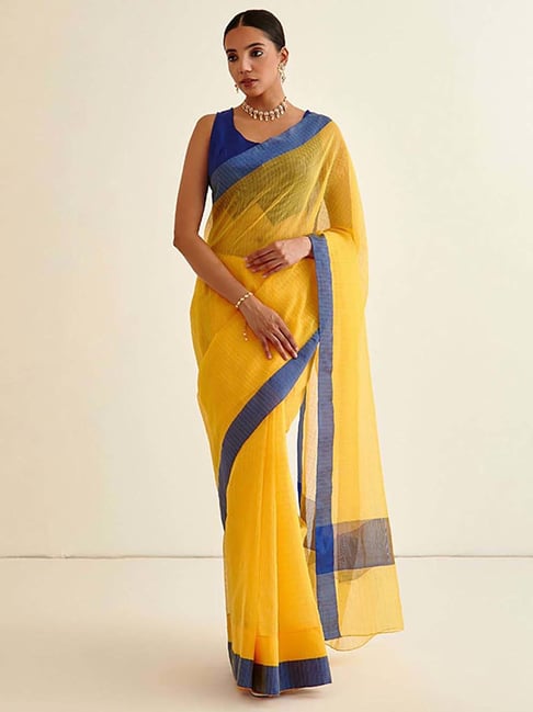 Abhishti Yellow Cotton Silk Chequered Saree With Unstiched Blouse Price in India