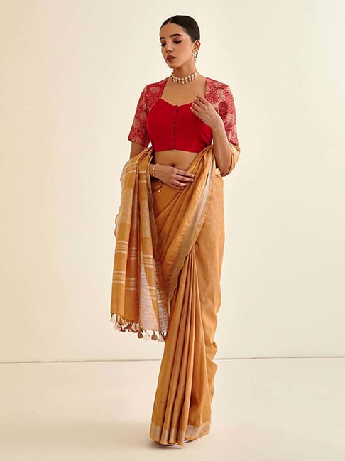 Abhishti Brown Cotton Woven Saree With Unstiched Blouse Price in India