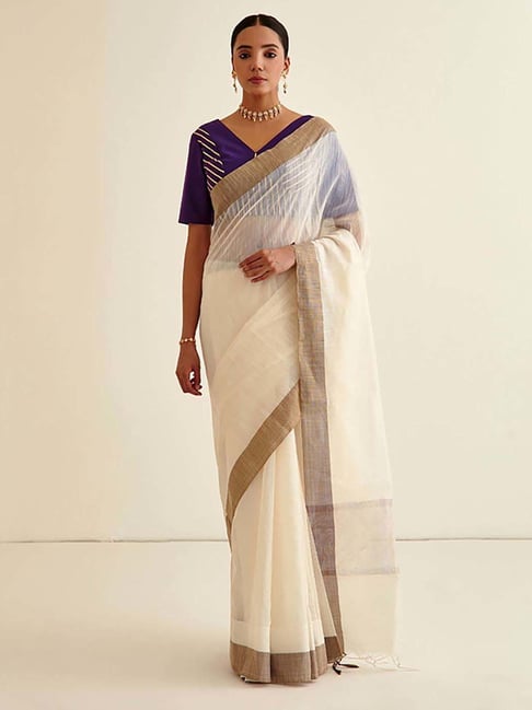 Abhishti White Woven Saree With Unstiched Blouse Price in India