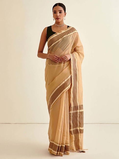 Abhishti Beige Cotton Silk Saree With Unstiched Blouse Price in India