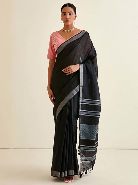 Abhishti Black Cotton Woven Saree With Unstiched Blouse Price in India