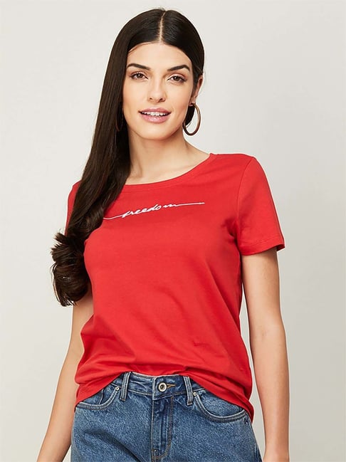 Fame Forever by Lifestyle Red Cotton Printed Top