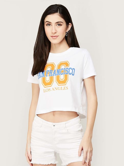 Ginger by Lifestyle White Cotton Printed Crop T-Shirt Price in India