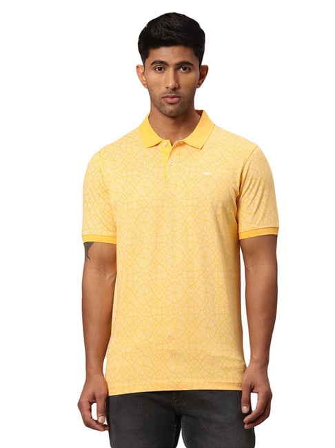 Park Avenue Yellow Cotton Slim Fit Printed Polo T-Shirt