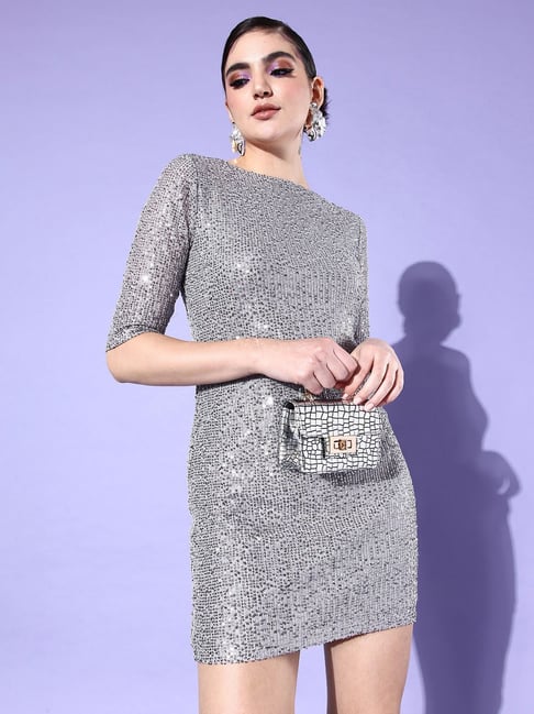 Style Quotient Silver Embellished Sheath Dress Price in India