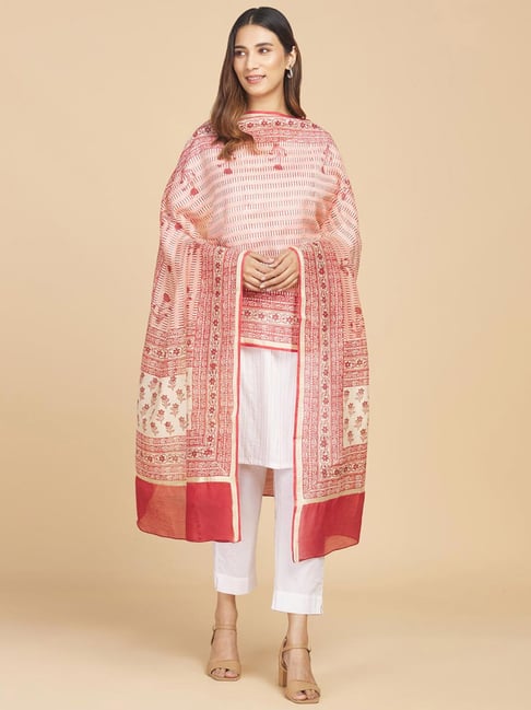 Fabindia Beige & Red Cotton Printed Dupatta