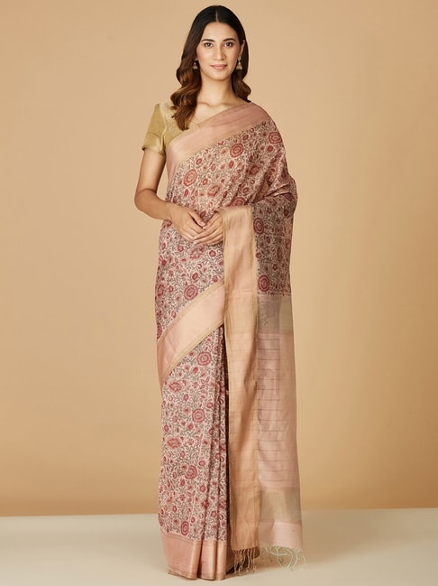 Fabindia Pink Printed Saree Without Blouse Price in India
