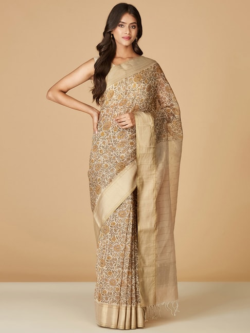Fabindia Beige Printed Saree Without Blouse Price in India