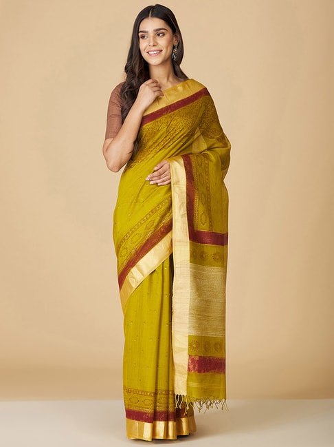 Fabindia Green Printed Saree Without Blouse Price in India