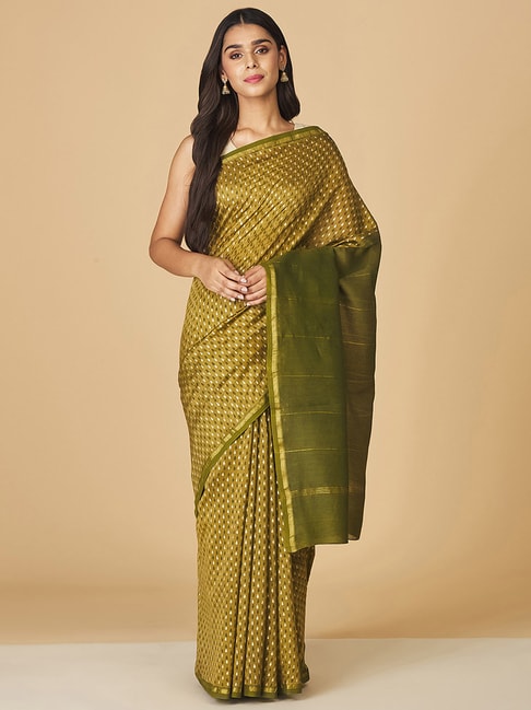 Fabindia Olive Green Printed Saree Without Blouse Price in India