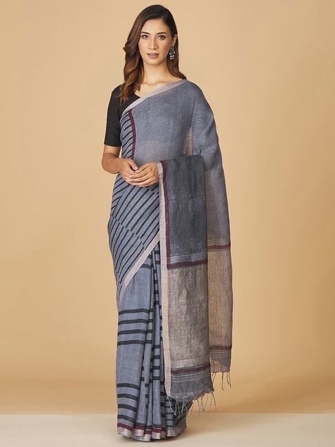 Fabindia Blue Linen Striped Saree Without Blouse Price in India