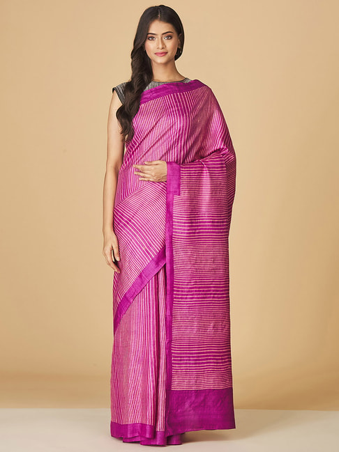 Fabindia Pink Silk Striped Saree Without Blouse Price in India