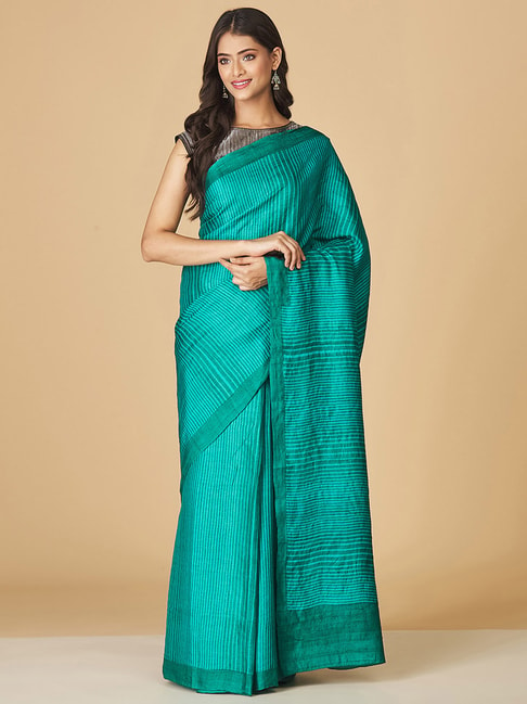 Fabindia Teal Blue Silk Striped Saree Without Blouse Price in India