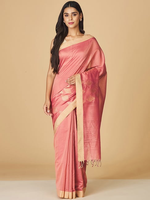 Fabindia Pink Woven Saree Without Blouse Price in India