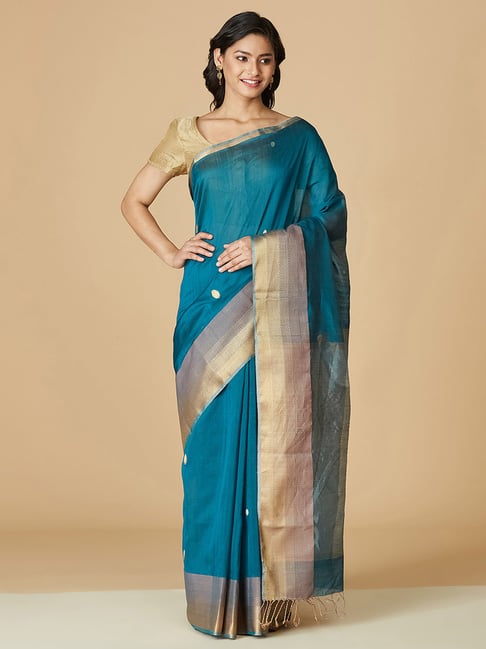 Fabindia Teal Blue Woven Saree Without Blouse Price in India